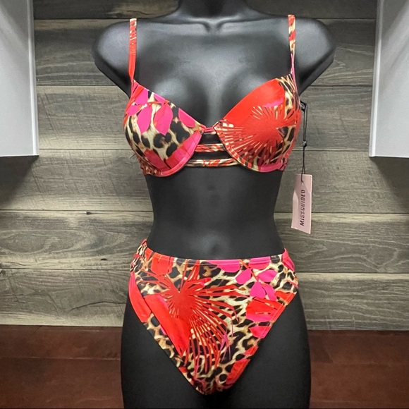 Missguided Other - NWT Missguided High Cut Palm Animal Bikini Red Pink And Leopard Print Size 4